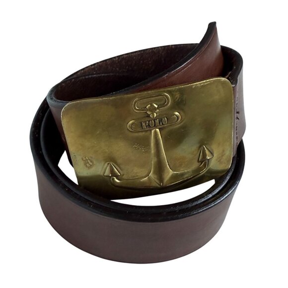 Polo Ralph Lauren Leather Belt Brass Buckle Anchor Men's 36 Brown Classic